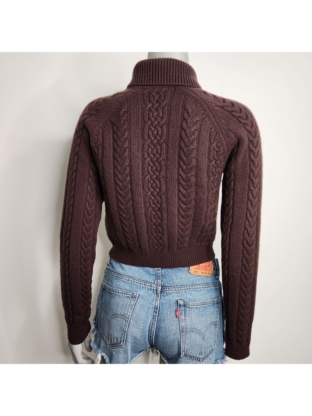 Aritzia Sunday Best "Gigi" Brown Cable Knit Collared Zip-Up Sweater Size 2XS - Picture 9 of 15